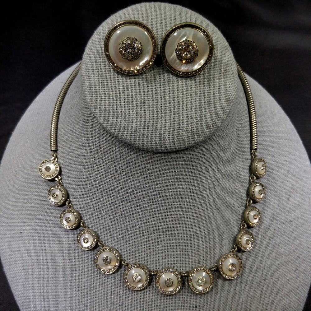 Vintage MOP Rhinestone Necklace Earrings Set Art Deco Style
